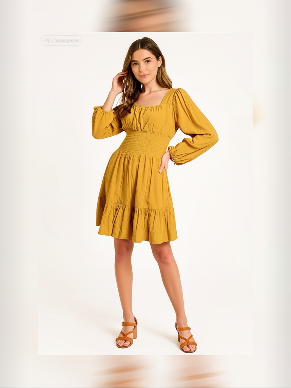 Hesperus Mustard Yellow Smocked Square Neck Puff Sleeve Mini Dress M